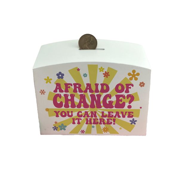 Afraid Of Change Tip Jar Wooden Money Box For Café Bar Reception Business Hippie Groovy Colourful Supplies