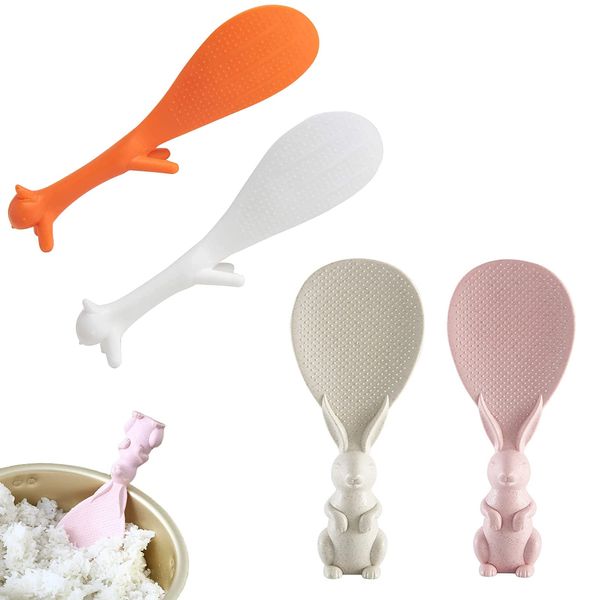 Creative Household Kitchen Tools, Plastic Meal Spoon Serving Spoon, Lovely Squirrel Shape Standing Spoon Non-Stick Rabbit Rice Paddle, Kitchen Rice Spoons Set Rice Cooker Scoop（4 Pieces）