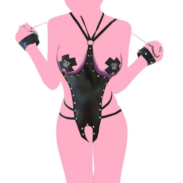 MONEON Bondage Cosplay SM Sexy Lingerie, Costume, Glossy Enamel, Leather-like, Handcuffs Included, 5-piece Set, Bodysuit, High Leg Leotard, Teddy, Erotic, Extreme, Soft sm