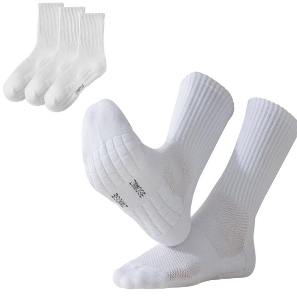 BATHRINS Womens Crew Socks Thickened Bottom Performance Cushioned Athletic Hiking Running Socks, 3-Pack (US, Numeric, 5, 9, Regular, Regular, 3, White)