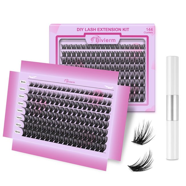 DIY Lash Extension Kit 144pcs Cluster Lashes Individual Eyelash Extension with Super Thin Band 8-16mm Mixed Tray D Curl Soft Fluffy False Eyelashes Natural Look with Glue for Self Application at Home