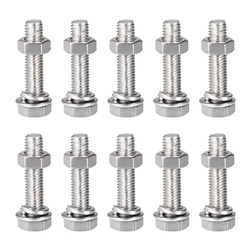 sourcing map M8 x 35mm Hex Head Screws Bolts, Nuts, Flat & Lock Washers Kits, 304 Stainless Steel Fully Thread Hexagon Bolts 10 Sets