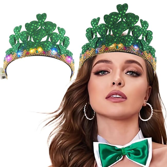 GORTIN LED St Patricks Day Headband Light up Green Clover Crown Headpiece Holiday Hair Hoops Party Cosplay Costume Headwear for St Patricks Day Hair Accessories for Women and Men