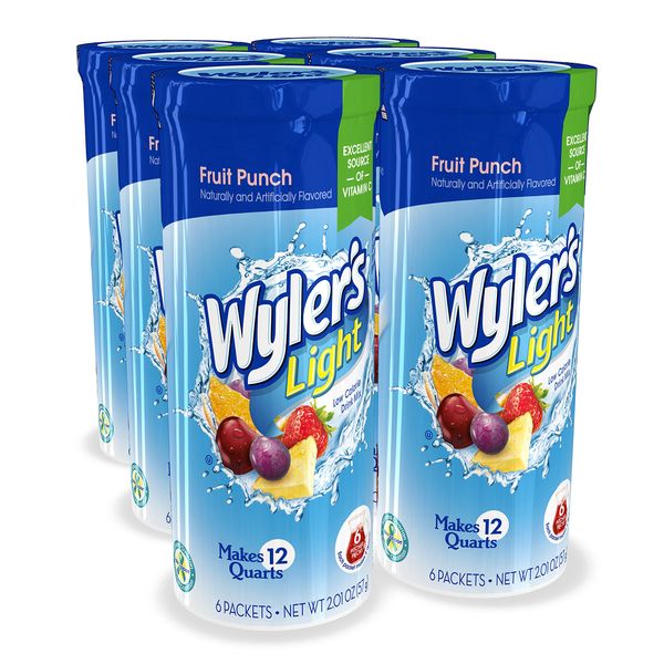 Wyler's Light Pitcher Packs (6 per canister), Fruit Punch Drink Mix, includes 6 canisters (36 Total Pitcher Packs)