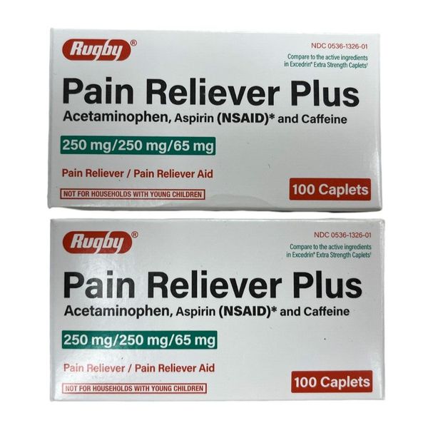 Rugby Pain Reliever Plus ( Migraine Headache ) 100 Caplets ( 2 pack )