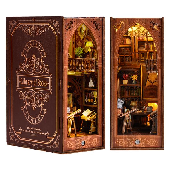 Ulikey Book Nook Kit, Miniatur Haus, DIY Miniature House Puppenhäuser Set 3D Puzzle Buchständer aus Holz mit LED Lampe und Anweisungen für Bücherregal Deko und Kreativen Geschenken (Bibliothek)