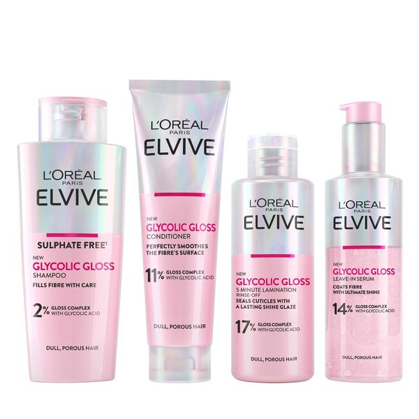 L'Oréal Paris Elvive Glycolic Gloss for Dull Porous Hair, Get The Shiniest Hair of Your Life, Glossing Routine for Mirror-Like Shine, Shampoo, Conditioner, Lamination Treatment, Leave-In Serum Set