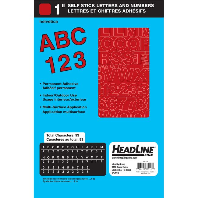 Headline Sign 31113 Stick-On Vinyl Letters and Numbers, Red, 1-Inch, Made in USA