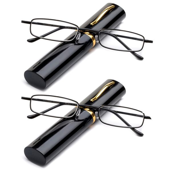 2 Packs Pocket Readers Ultra Compact Spring Temple Reading Glasses w/Portable Pocket Clip Aluminum Case Black +3.50