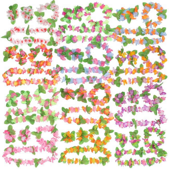 LIOOBO Hawaiian Lei Hawaii Lei 12 Sets Total 48pcs Hula Lei Hawaiian Ornament Hibiscus Lei Garland (12 Colors)