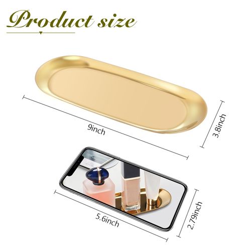 Gold Decorative Tray, Stainless Steel Jewelry Tray Towel/Vanity Tray Dish Plate Tray Tea/Fruit Storage Trays Cosmetics Jewelry Organizer, Gold, Oval
