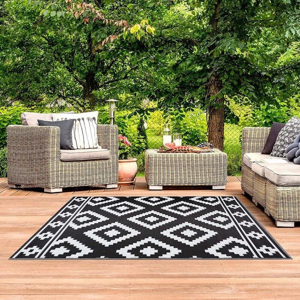 5' X 7' Indoor Outdoor Rug Mat In Black White Reversible Porch Patio Deck RV New