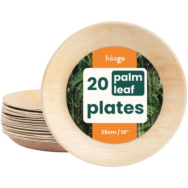 HAAGO 20 Eco-Friendly Palm Leaf Plates - Disposable like Wooden & Bamboo Plates for Hot & Cold Food Microwave & Freezer Safe Compostable Alternative to Paper Outdoor Plates - 25cm Biodegradable Plates