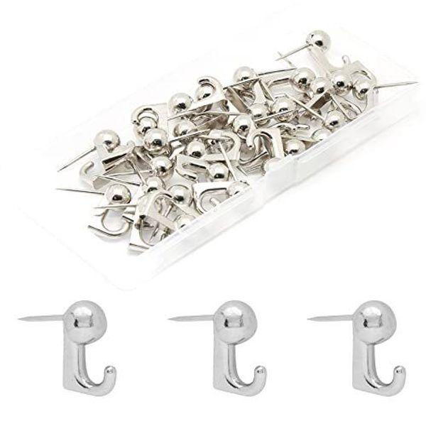 Metal Push Pin Hangers, 20 lbs Wall Hanging Nails Push Pins with Hooks, Silver