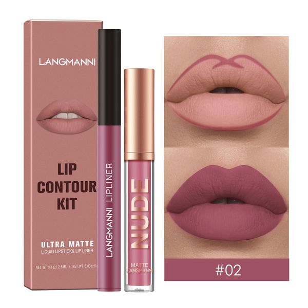 2Pcs Lip Liner und Lippenstift Set, Matte Lippenkonturenstift Lippenstift Makeup Kits, Pigment Samtig Nude Lippenfleck Wasserfestes langanhaltendes Lipgloss Make up Geschenkset (#02)