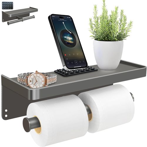 NUOGAO Toilet Paper Holder with Phone Shelf, Aluminium Double Roll Toilet Tissue Holder with Shelf for Bathroom, Adhesive or Screw Wall Mount Paper Towel Holder (1, Grey)