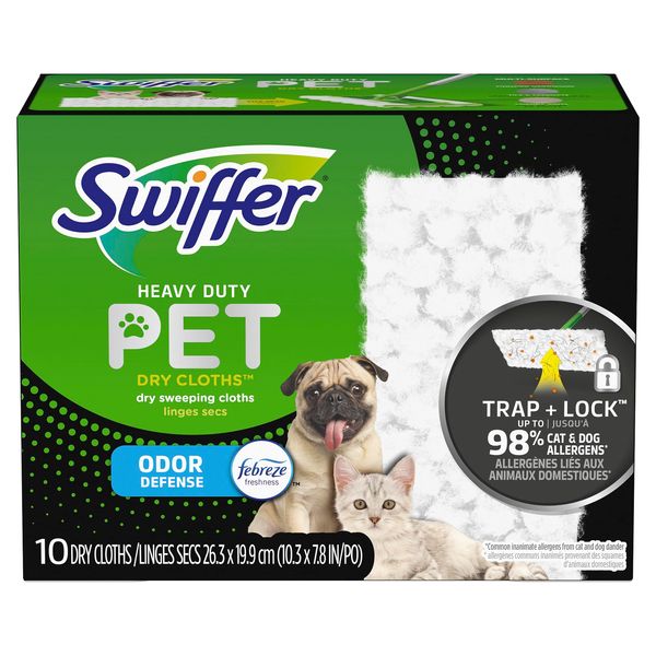 Swiffer Sweeper Pet Heavy Duty Dry Multi-Surface Cloth Refills for Floor Sweeping and Cleaning, Febreze Freshness, 10 Count