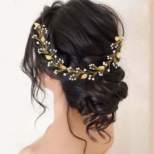 Handcess Braut Hochzeit Haar Reben Gold Perle Hochzeit Kopfschmuck Blätter Stirnband Strass Braut Haarschmuck für Braut und Brautjungfern