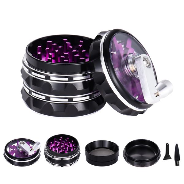 TIRIRS 2.5" 4 Pieces Hand Cranked Clear Top Herb Grinder - Aluminium Spice Grinder with Pollen Scraper and Cleaning Brush, Foldable Handle - Black and Purple.