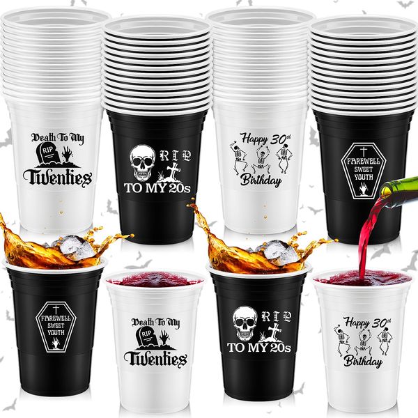 Rtteri 48 Pack Death to My 20s Disposable Party Thick Plastic Cups, 16 oz RIP to My 20s Birthday Decorations 30th Birthday Cups RIP Twenties Birthday Cups for 30th Birthday (White, Black,Skull)