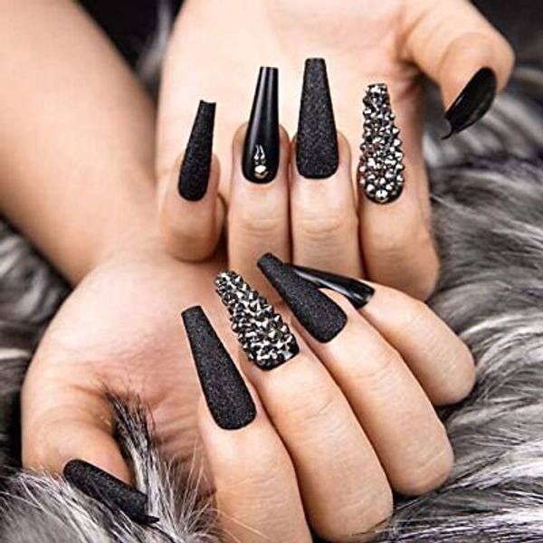 Extra Long Coffin Press on Nails, Crystal Luxury Nails with Grey Black K26