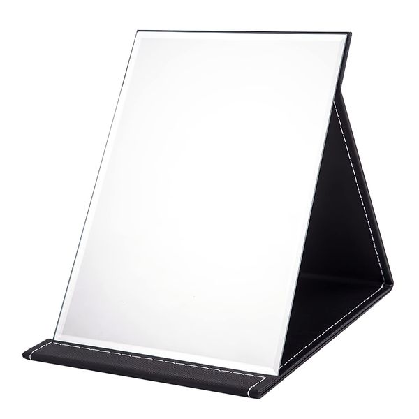 OWLKELA Tabletop Mirror, Compact Mirror, Folding Hand Mirror, S Size Stand Mirror, Leather Cover, Crack Resistant, Stylish, 6.3 x 4.7 inches (16 x 12 cm), Black Scabbard