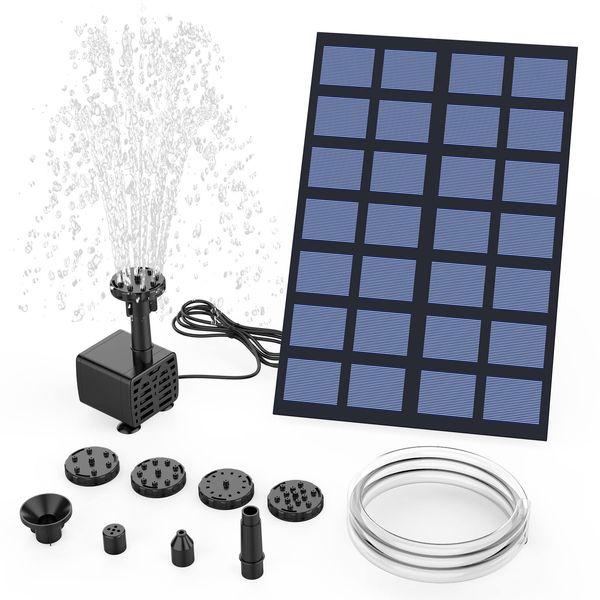 AMZtime Solar Springbrunnen 2.5W DIY Teichpumpe 2022 Upgrade mit 1.2 m Wasserleitung Solarbrunnen mit 6 Fontänenstile schwimmender Fontäne Pumpe für Gartenteich, Vogel-Bad, Fisch-Behälter