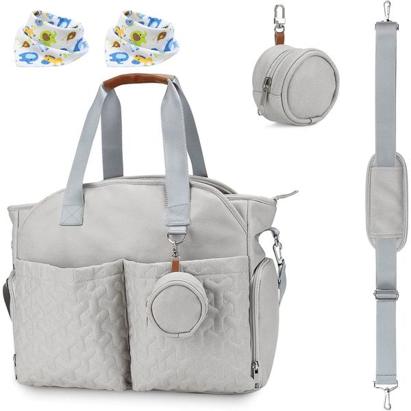 Breast Pump Bag Diaper Tote Bag with Detachable Shoulder Strap Side Pocket Free Baby Bibs Compatible with Spectra S1 S2 Medela - Light Gray