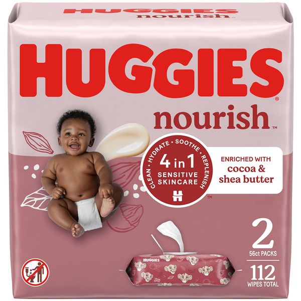 Huggies Nourish Baby Diaper Wipes, Scented Baby Wipes, 2 Push Button Packs (112 Wipes Total)