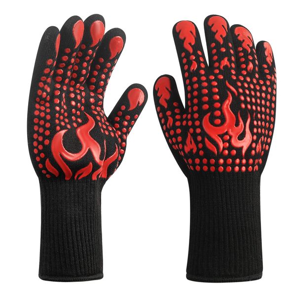 HexinYigjly 1 Pair/2 Pieces BBQ Gloves, Grilling Gloves, Heat Resistant Barbecue Oven Gloves, 1472°F/800°C Kitchen Fireproof Mitts Heat Proof for Grilling, Baking, Cooking, Welding Gloves Mitts - Red