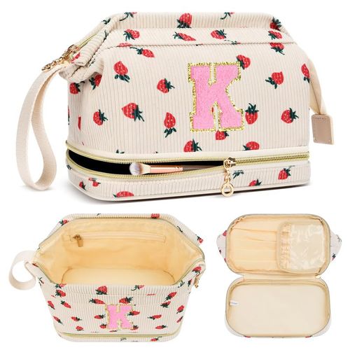 Personalized Makeup Bag Initial Graduation Gifts, Perfect Gifts Trendy Stuff Cosmetic Bag, Teacher Appreciation Gift, Travel Make up Bag for Women Dance Recital Gift for Girls- Strawberry K