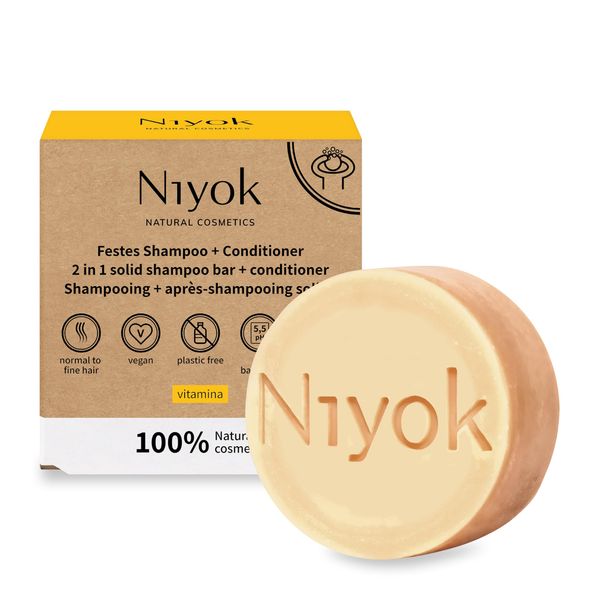 Niyok® 2-in-1 Festes Shampoo + Conditioner "Vitamina" (80g) • Vegane Haarseife • Nachhaltiges Shampoo & Spülung • Haarshampoo & Haarspülung • 100% Naturkosmetik • Plastikfrei & Vegan