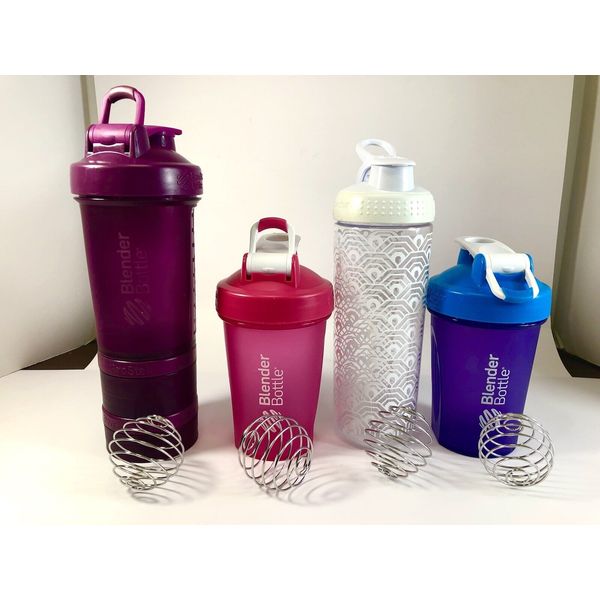 Lot/Set of 4 Blender Bottles Gym Flask Water Protein Mix Shaker Plastic