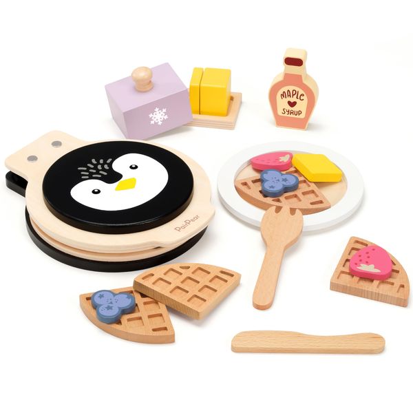 PairPear Wooden Waffle Maker Toy Food Playset, Kids Pretend Play Food Kitchen Accessories, Wooden Cooking Toy Baking Playset, Toddler Play Breakfast Brunch Tea Sets Cutting Food Gift for Girls Boys 3+