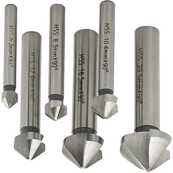 6PCS Chamfering Knife 3 Flutes 90 Degree HSS Chamfer Cutter Bit Chamfering Countersink Drill Bits