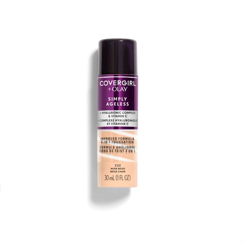 CoverGirl & Olay Simply Ageless 3-in-1 Liquid Foundation, Matte Finish, Hyaluronic & Vitamin C Formula, Nude Beige, 1 Count