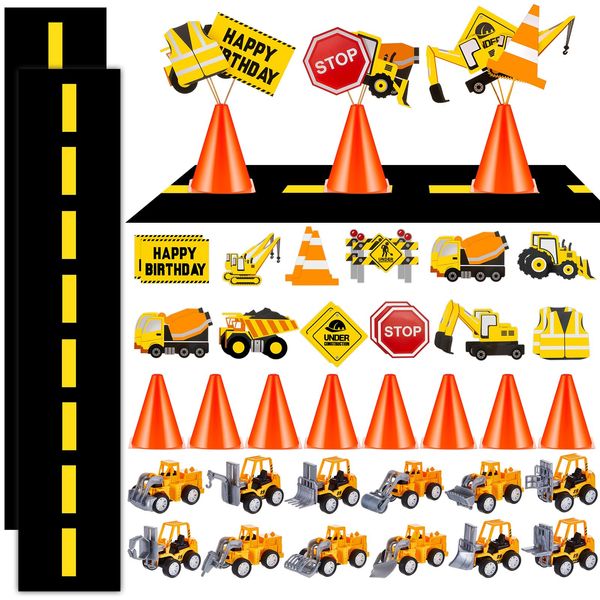 Jenaai 46 Pcs Construction Birthday Party Supplies Construction Table Centerpiece Construction Vehicles Plastic Traffic Cones Construction Table Runner for Construction Birthday Party Decorations