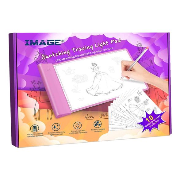 IMAGE Light Up Tracing Pad Pink Drawing Tablet Coloring Board for Kids Children Toy Gift for Girls Boys Ages 6,7,8,9,10 (Includes 10 Traceable Sheets)