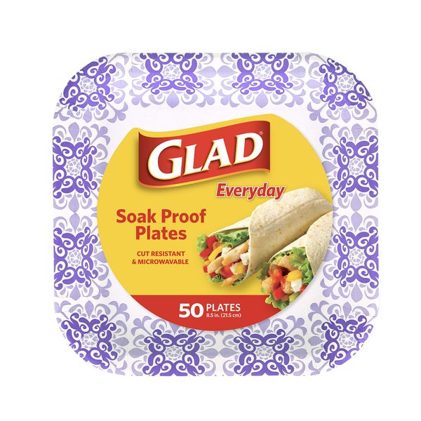 Glad Square Disposable Paper Plates for All Occasions | Soak Proof, Cut Proof, Microwaveable Heavy Duty Disposable Plates | 8.5" Diameter, 50 Count Bulk Paper Plates,Purple