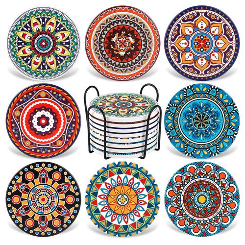 AODINI Coasters for Drinks, Set of 8 Absorbent Stone Coasters for Wooden Table, Mandala Ceramic Coasters with Cork Base, Gift for Housewarming Birthday and Family - Great Home and Dining Room Decor