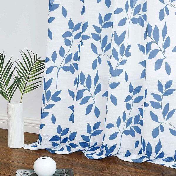 Blue and White Sheer Drapes for Bedroom Kids Room Linen Textured Semi Sheer Curtains Light Filtering Modern Leaf Print Navy Sheer Curtain Panels for Nursery Play Room, 50” W x 54” L , 1 Pair