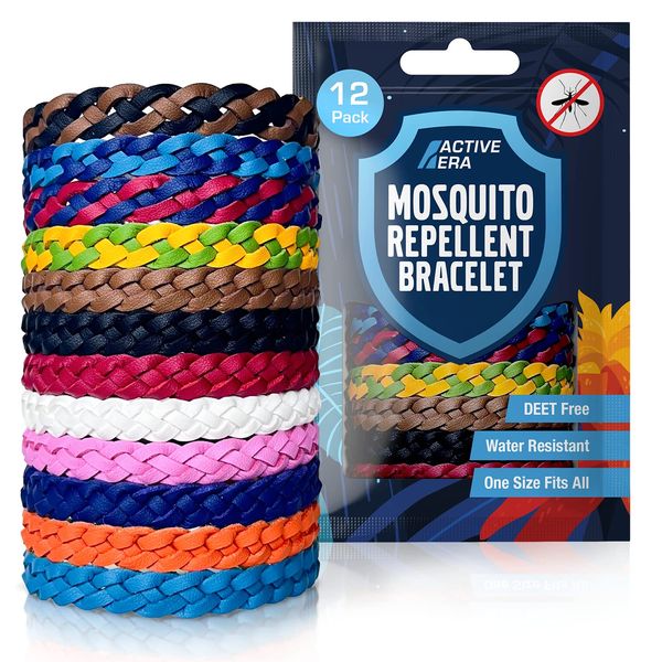 Active Era Mosquito Repellent PU Leather Bracelet 12 Pack - Anti Mosquito Bands for Adults & Kids 3+, Powerful DEET Free Formula, Natural Ingredients - Waterproof with 10 Days of Protection