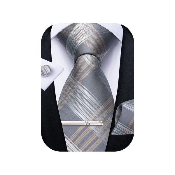 DiBanGu Mens Fromal Necktie Gray Plaid Tie and Pocket Square Tie Clip Set Cufflinks