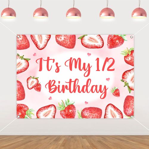 Cheereveal Strawberry It’s My 1/2 Birthday Party Backdrop 3x5ft, Berry Sweet Half Year Old Girl Birthday Background 1/2 Way to One Decor, Fruit Theme 6 Months Bday Strawberry Decorations Supplies