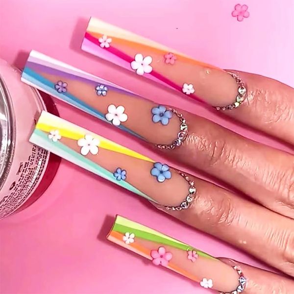 Brishow Long False Nails Pride French Press on Nails Rainbow Stick on Nails Ballerina Acrylic Fake Nails 24pcs for Women and Girls