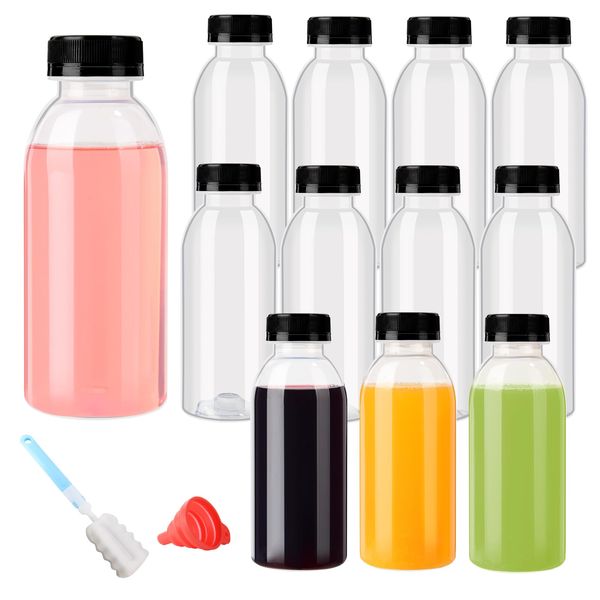 YBCPACK 12 Pack 12oz（350ml） Heat-Resistant Reusable Plastic Juice Bottles With Lids-Plastic Smoothie Bottles-Empty Bulk Beverage Containers with Caps For Juice, Beverage(Dishwasher Safe)