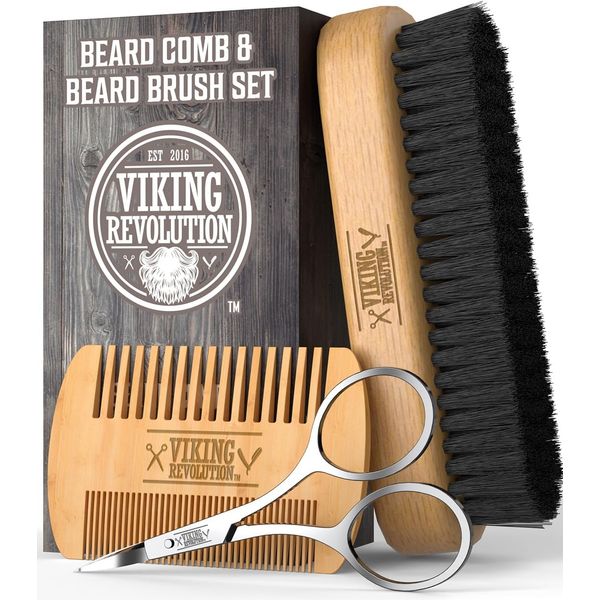 Viking Revolution - Beard Brush For Men - Natural Boar Bristle Brush And Dual Action Pear Wood Beard Combs With Velvet Travel Pouch - Gifts for Men - 3 Pieces