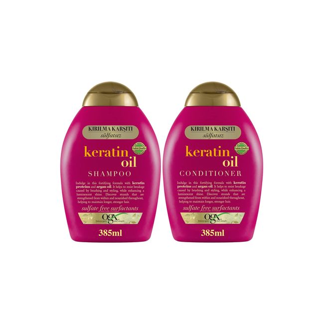 ogx keratin oil kırılma karşıtı sülfatsız 385 ml şampuan + 385 ml saç kremi 2'li set