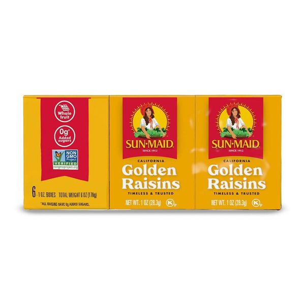 Sun-Maid California Dried Golden Raisins, No Added Sugar, Naturally Sweet Dried Fruit, 1 oz boxes, 6 ct