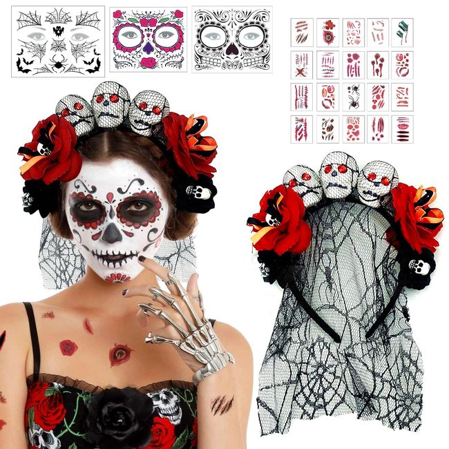 Dia de Los Muertos Haarreif, Halloween Haarreif mit Gesichtstattoos,Tag der Toten Schleier 20 Halloween Tattoos,Halloween Blumen Haarreif, Mexikanische Schleier Tag der Toten Kopfschmuck Kostüm Damen